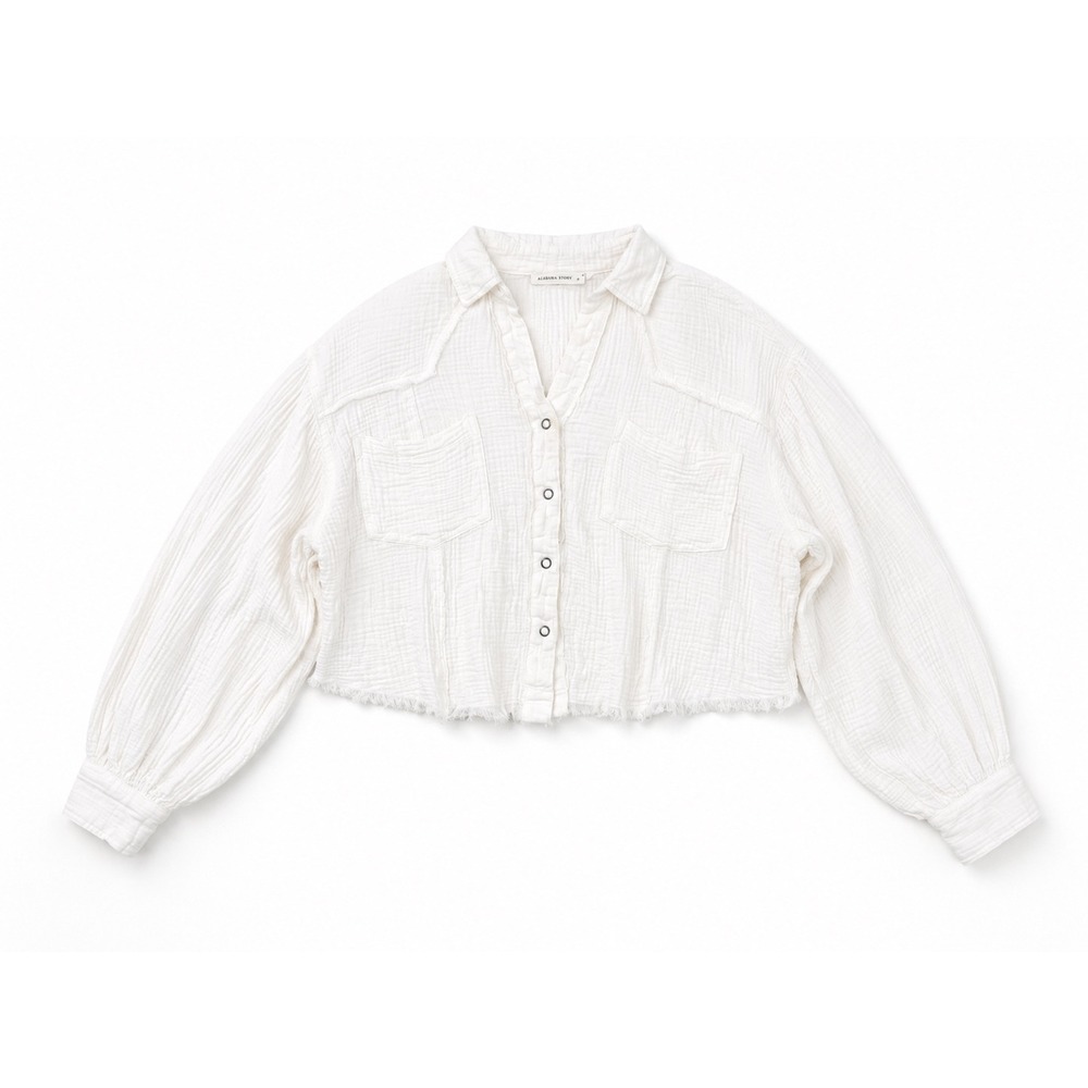Altar'd State White Gauze Cropped Button Down Shirt Raw Hem Small